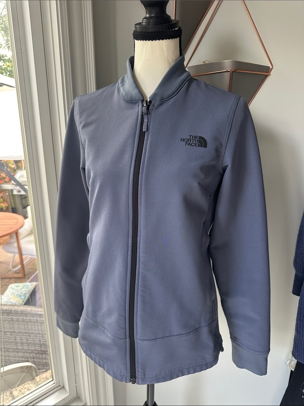 NORTH FACE Slate Blue Full-Zip Bomber Jacket Waffle Knit Hiking Size Small